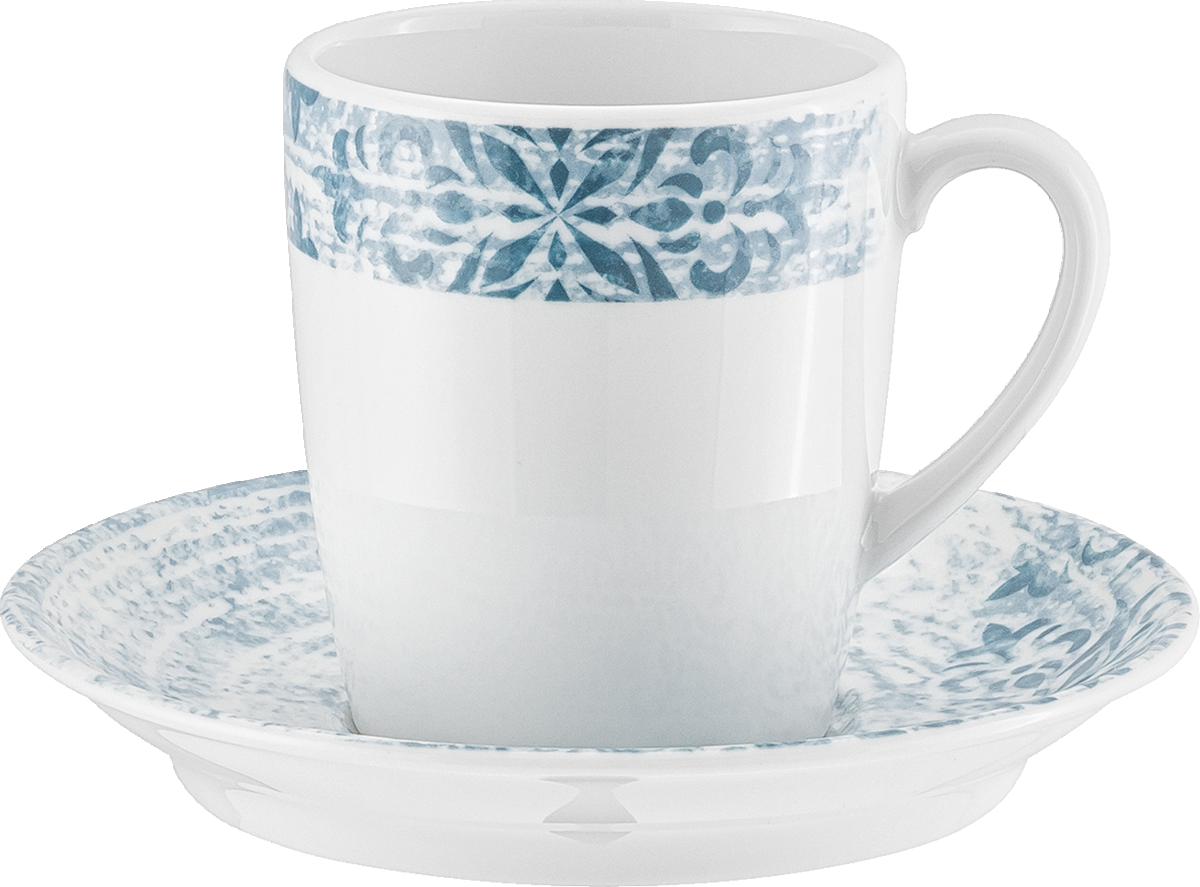 Tasse mit Untertasse, blau-weiß.
