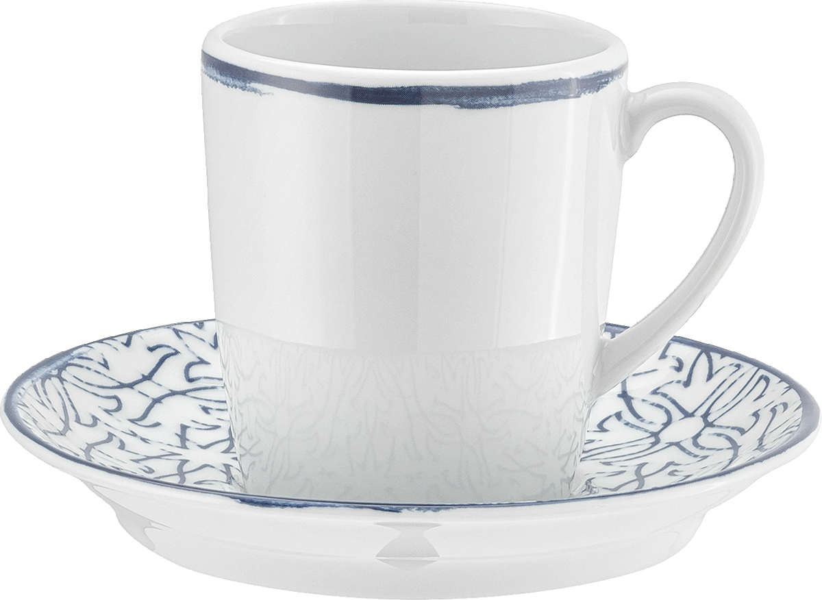 Tasse mit Untertasse, blau-weiß.