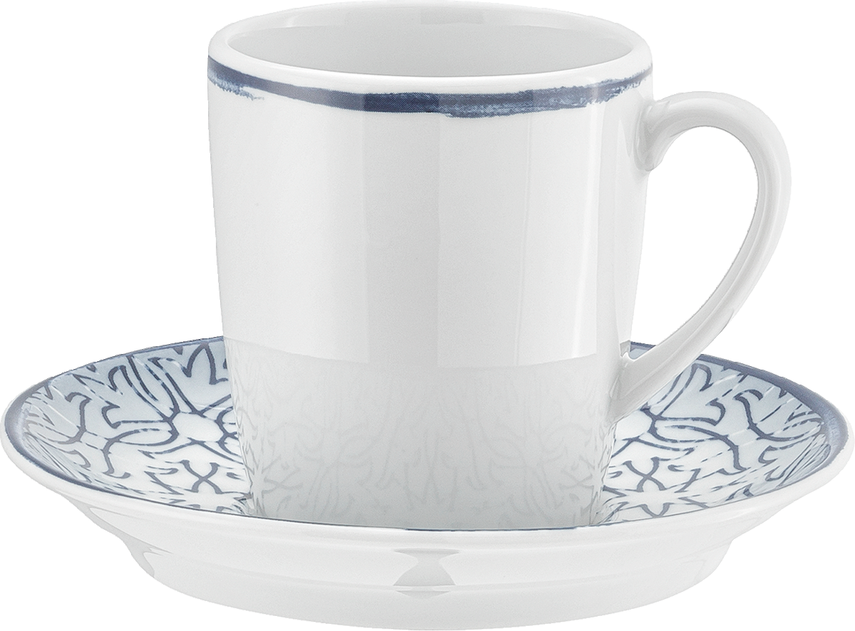 Tasse mit Untertasse, blau-weiß.