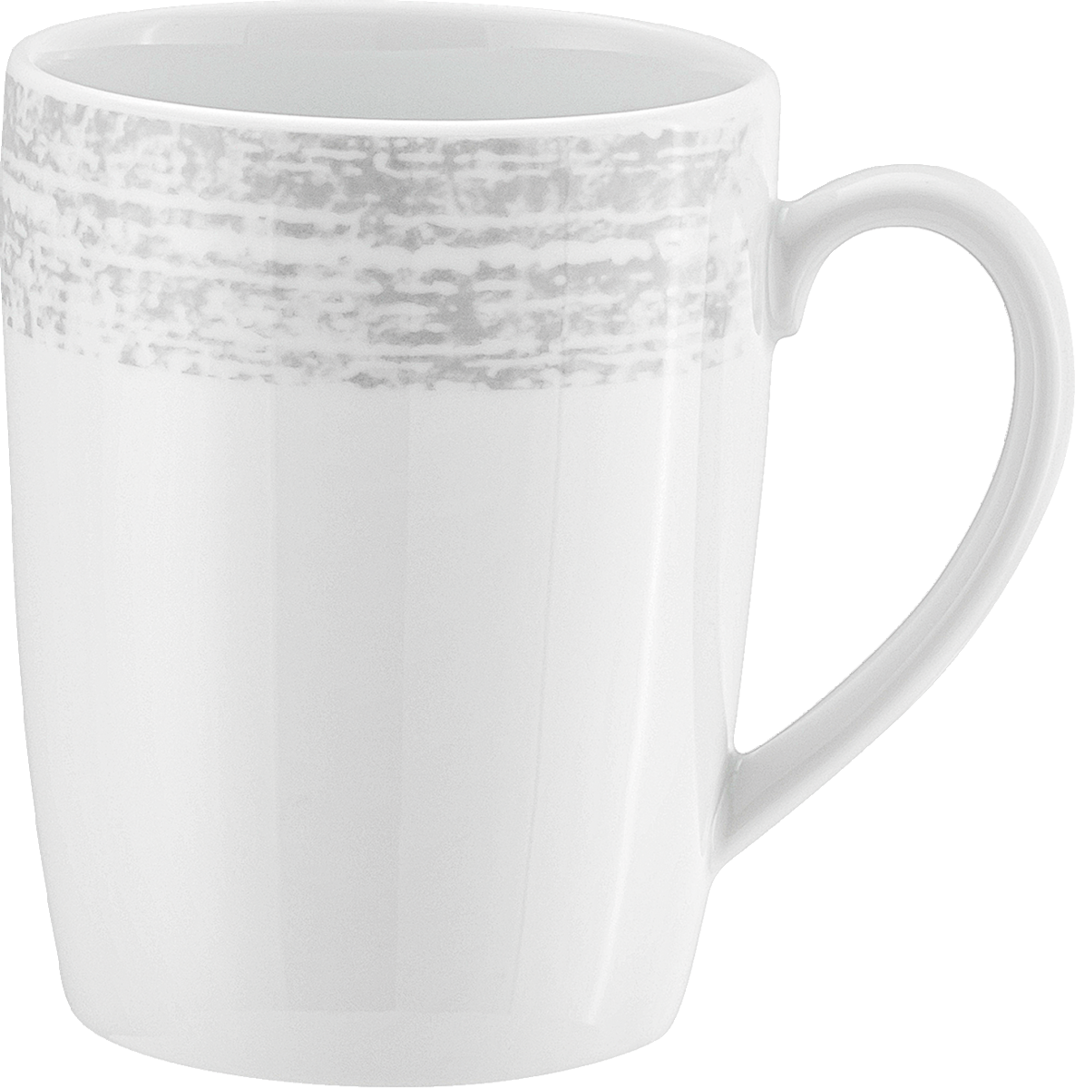 Weiße Tasse mit grauem Muster.