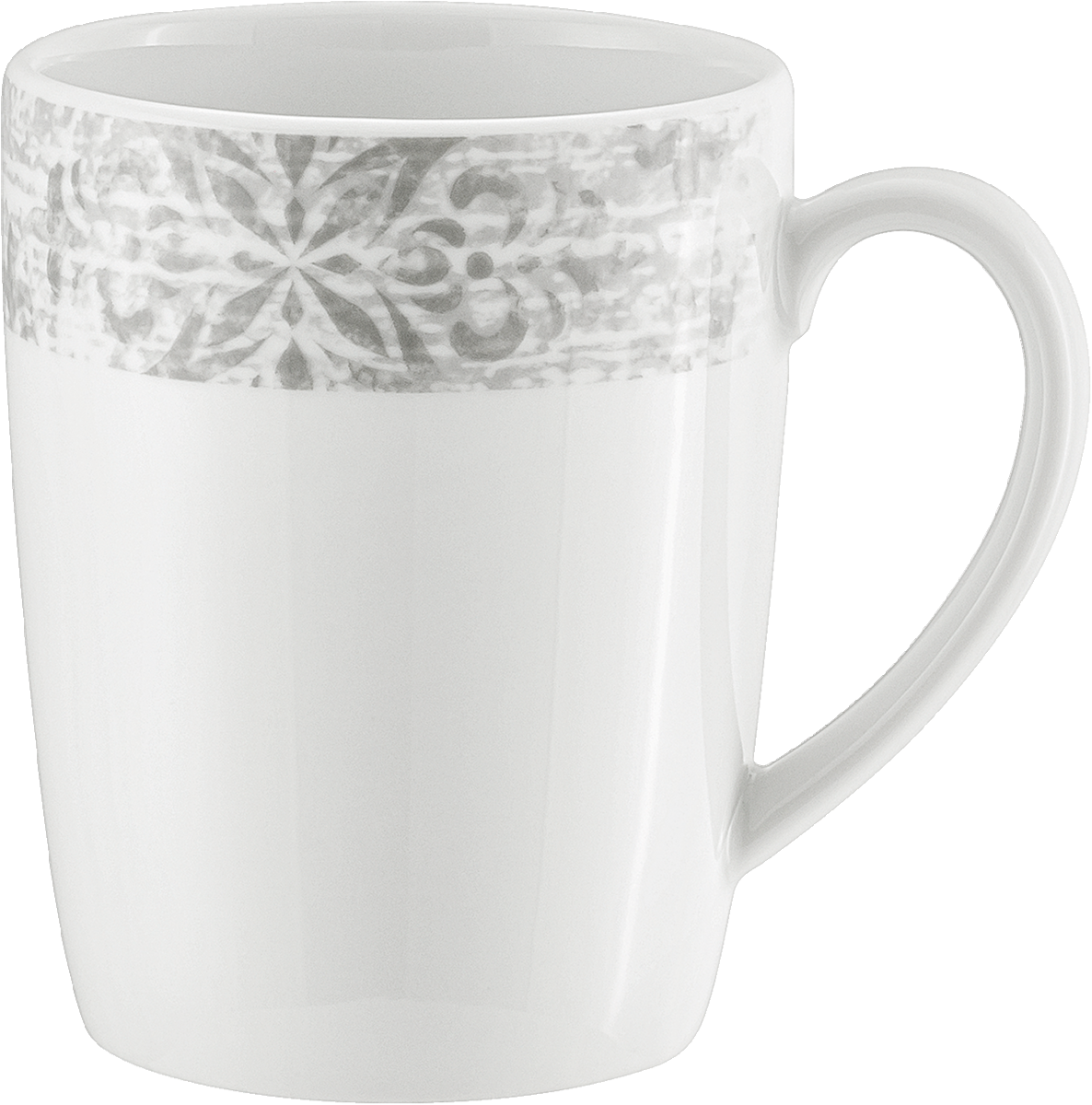 Weiße Tasse mit grauem Muster.