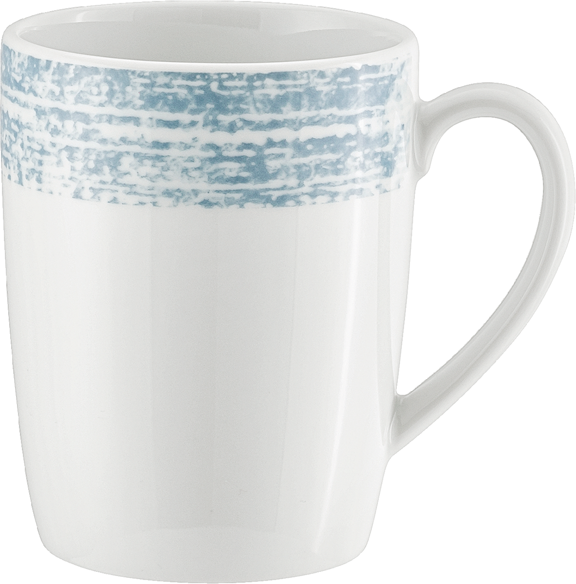 Weiße Tasse mit blauem Muster.