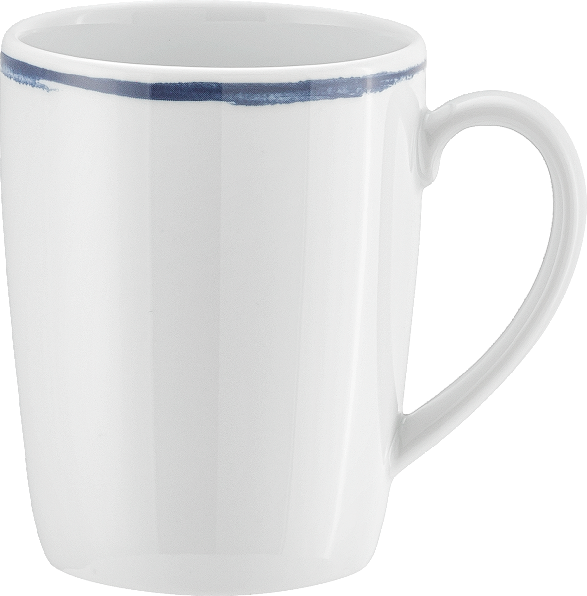 Weiße Tasse mit blauem Rand.