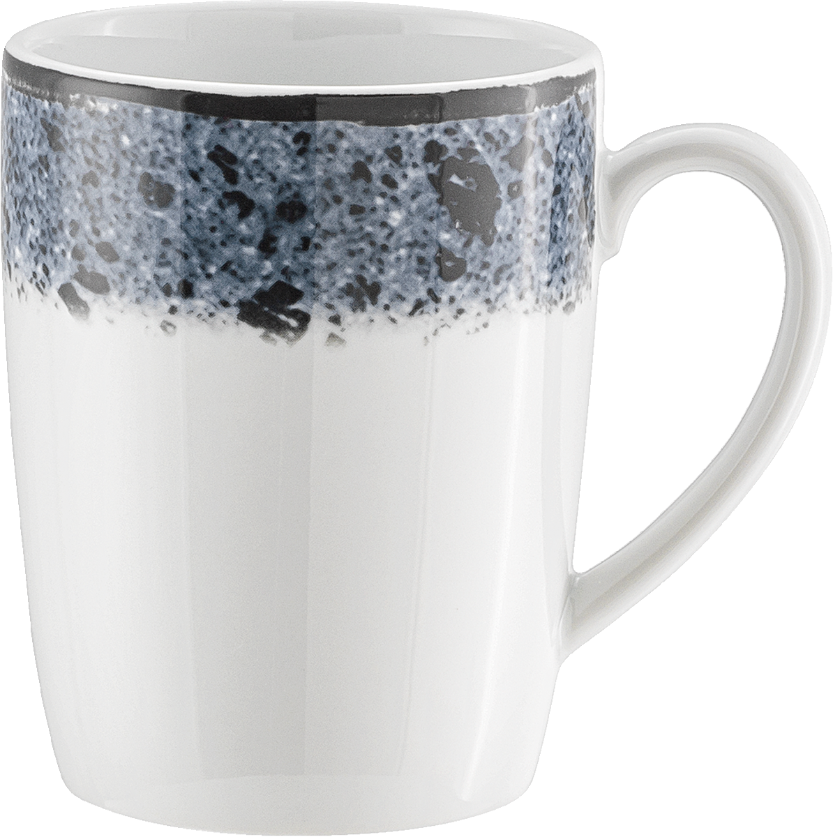 Weiße Tasse mit blauem Muster.