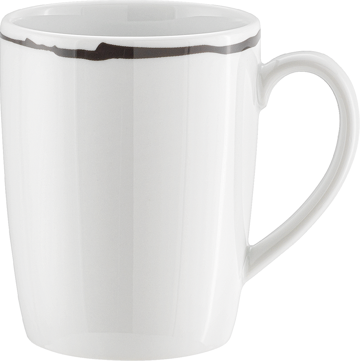 Weiße Tasse mit schwarzem Rand.