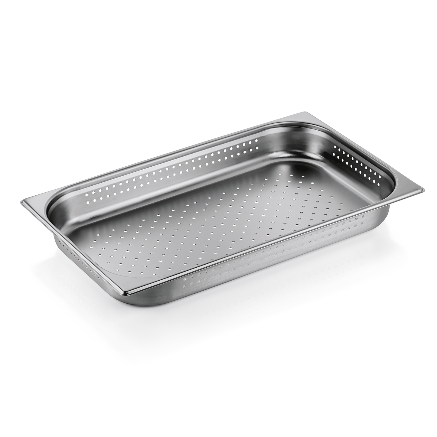 Edelstahl-Gastronormbehälter mit Löchern.