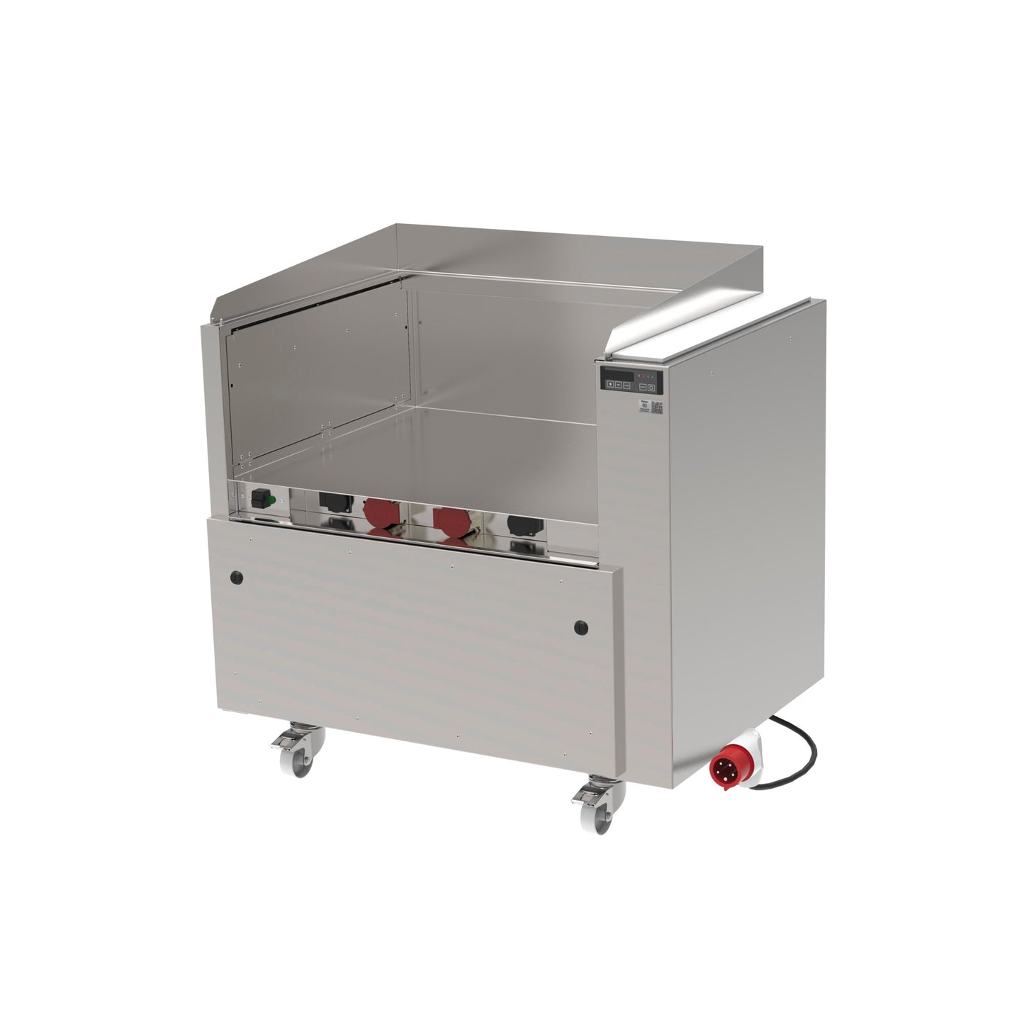 Mobiler Edelstahl-Gastronomie-Grill auf Rollen.