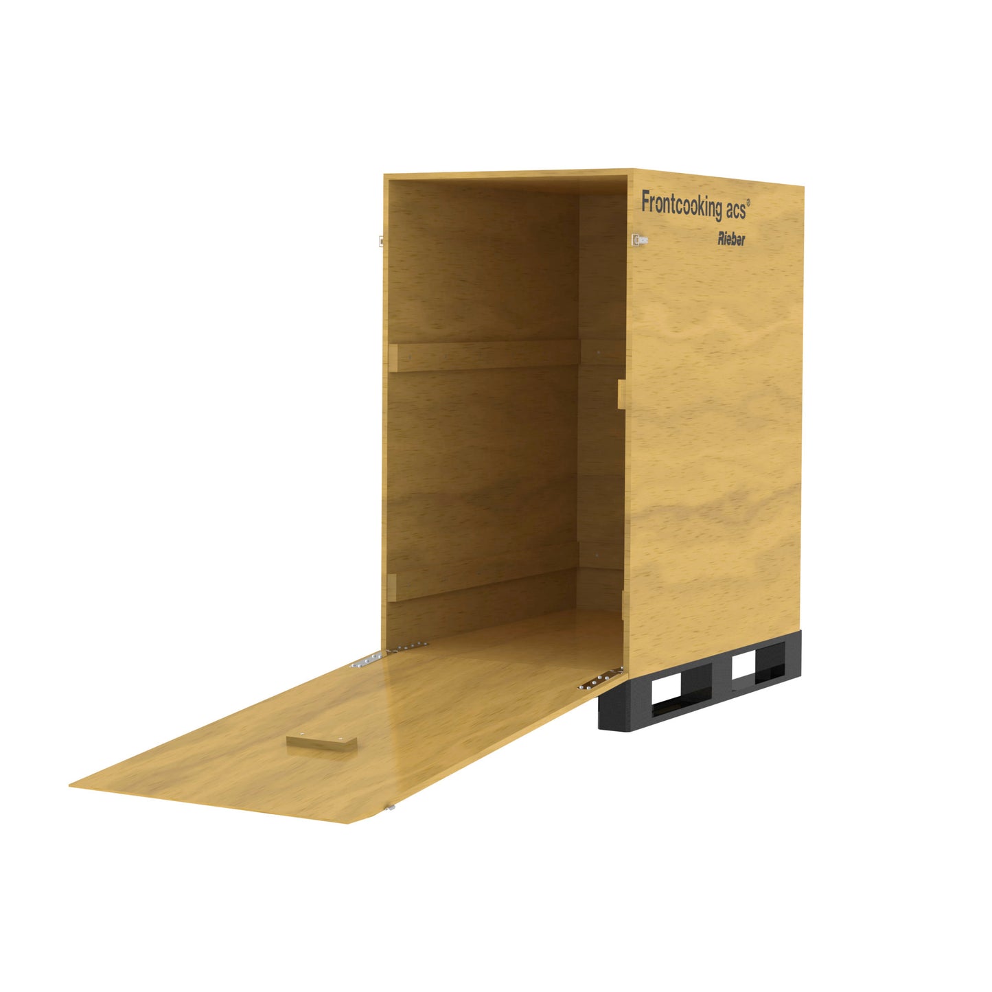 Holzkiste mit offener Klappe.