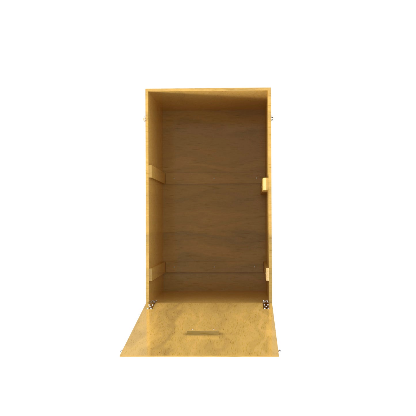 Holzkiste mit offener Klappe.