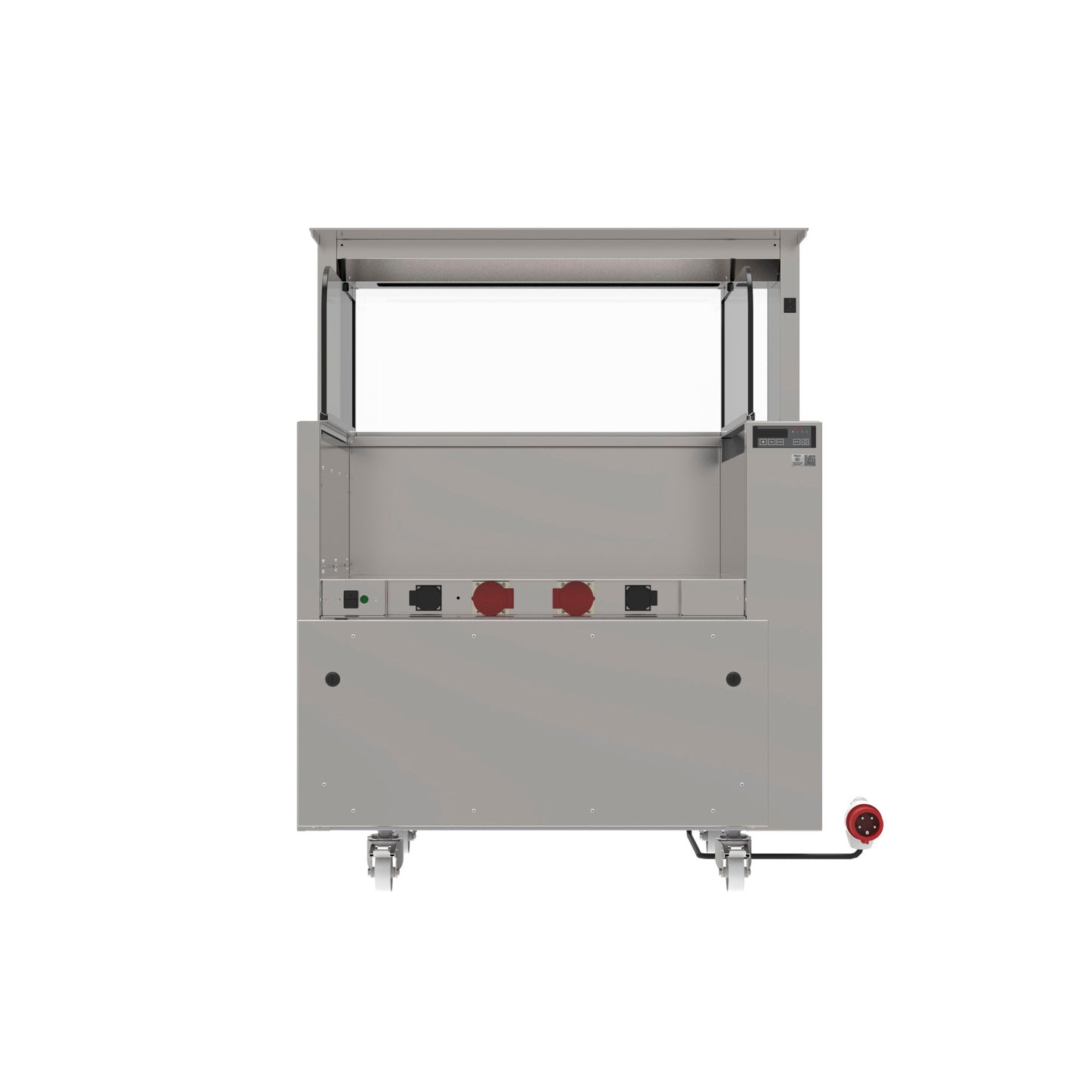 Mobiler Edelstahl-Servierwagen mit Abdeckung.