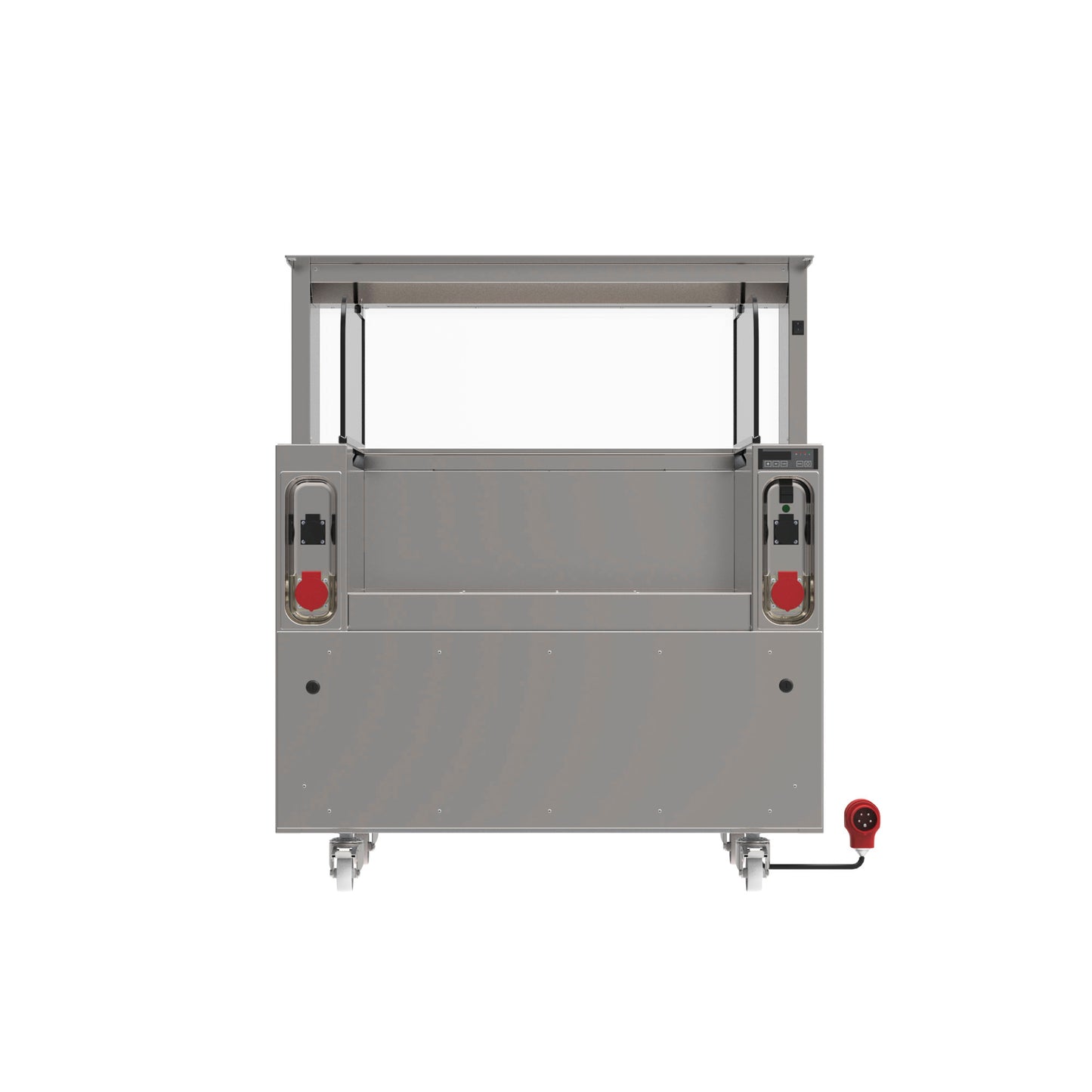 Mobiler Edelstahl-Gastronomiewagen mit Rollen.