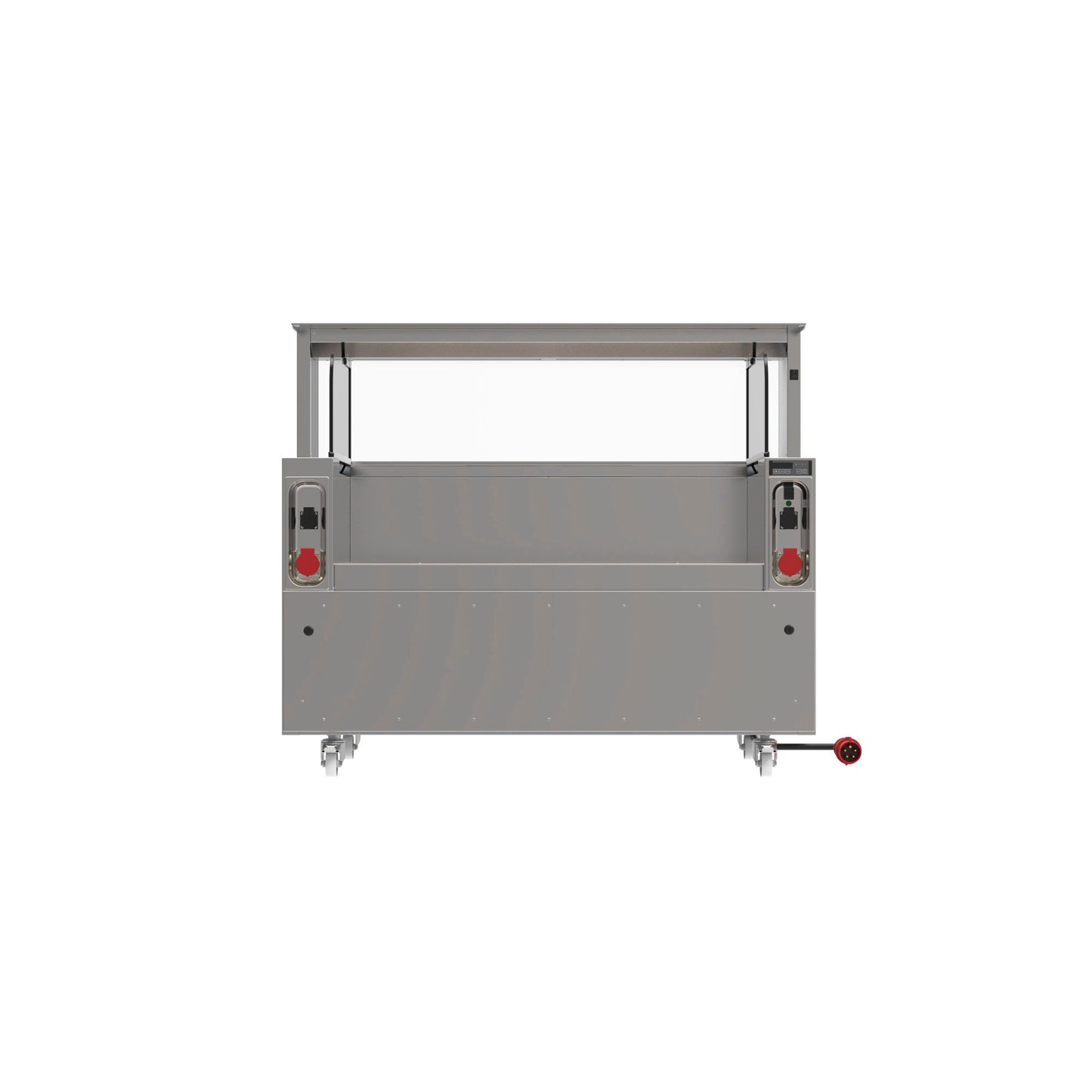 Mobiler Edelstahl-Servierwagen mit Abdeckung.