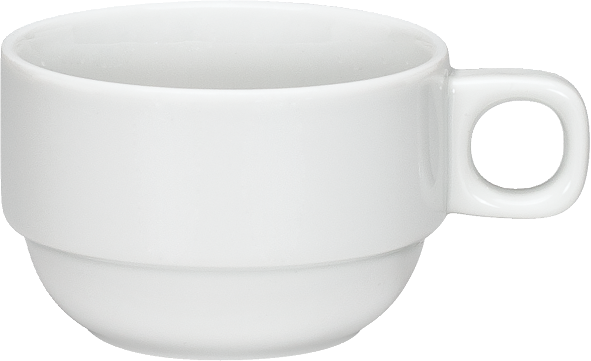 Weiße Tasse mit Henkel.