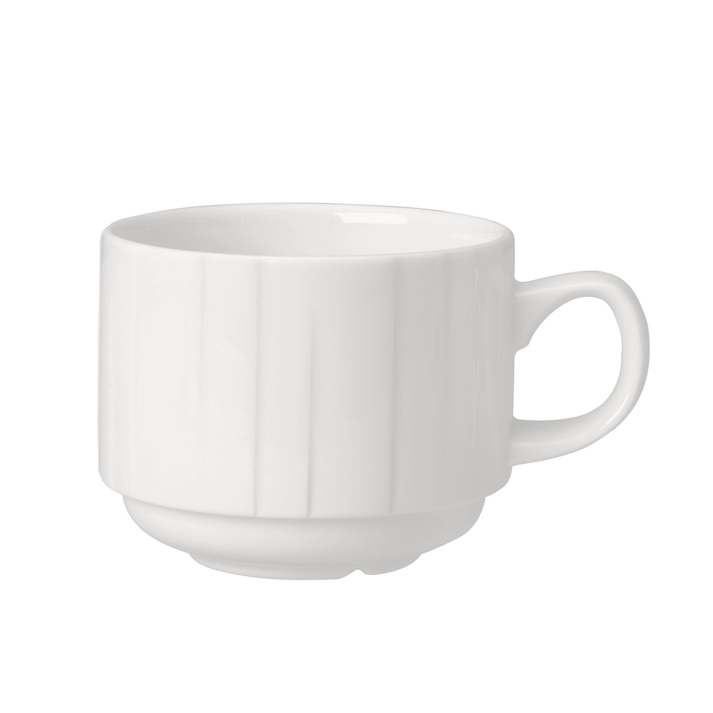 Weiße Tasse mit Henkel.