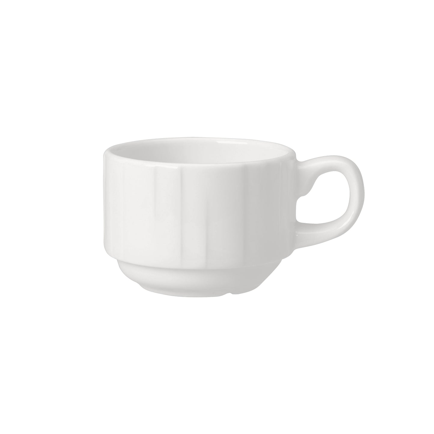 Weiße Tasse auf weißem Hintergrund.