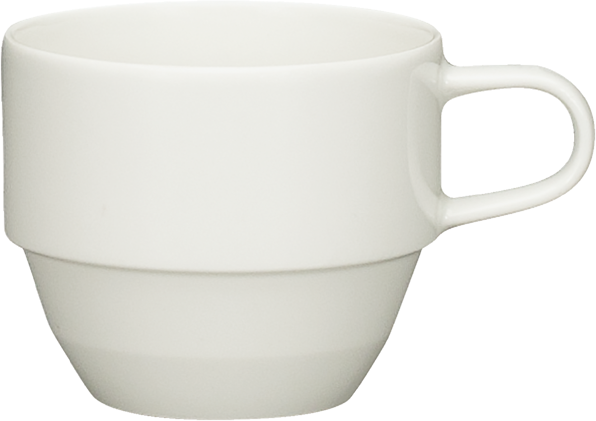 Weiße Tasse mit Henkel.