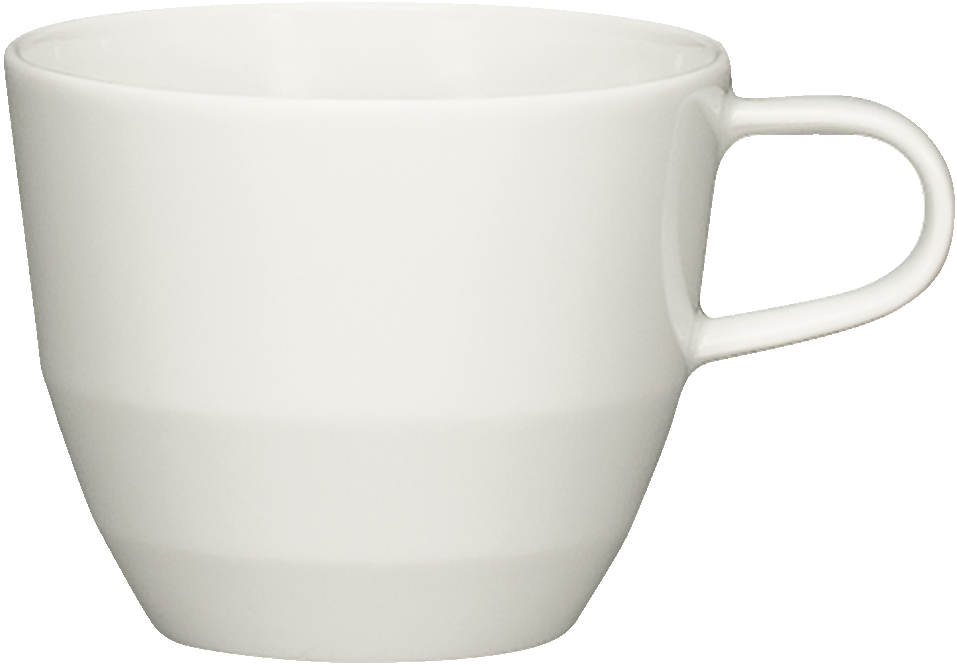 Weiße Tasse mit Henkel.