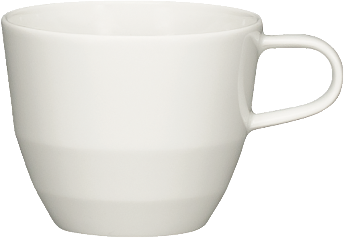 Weiße Tasse mit Henkel.