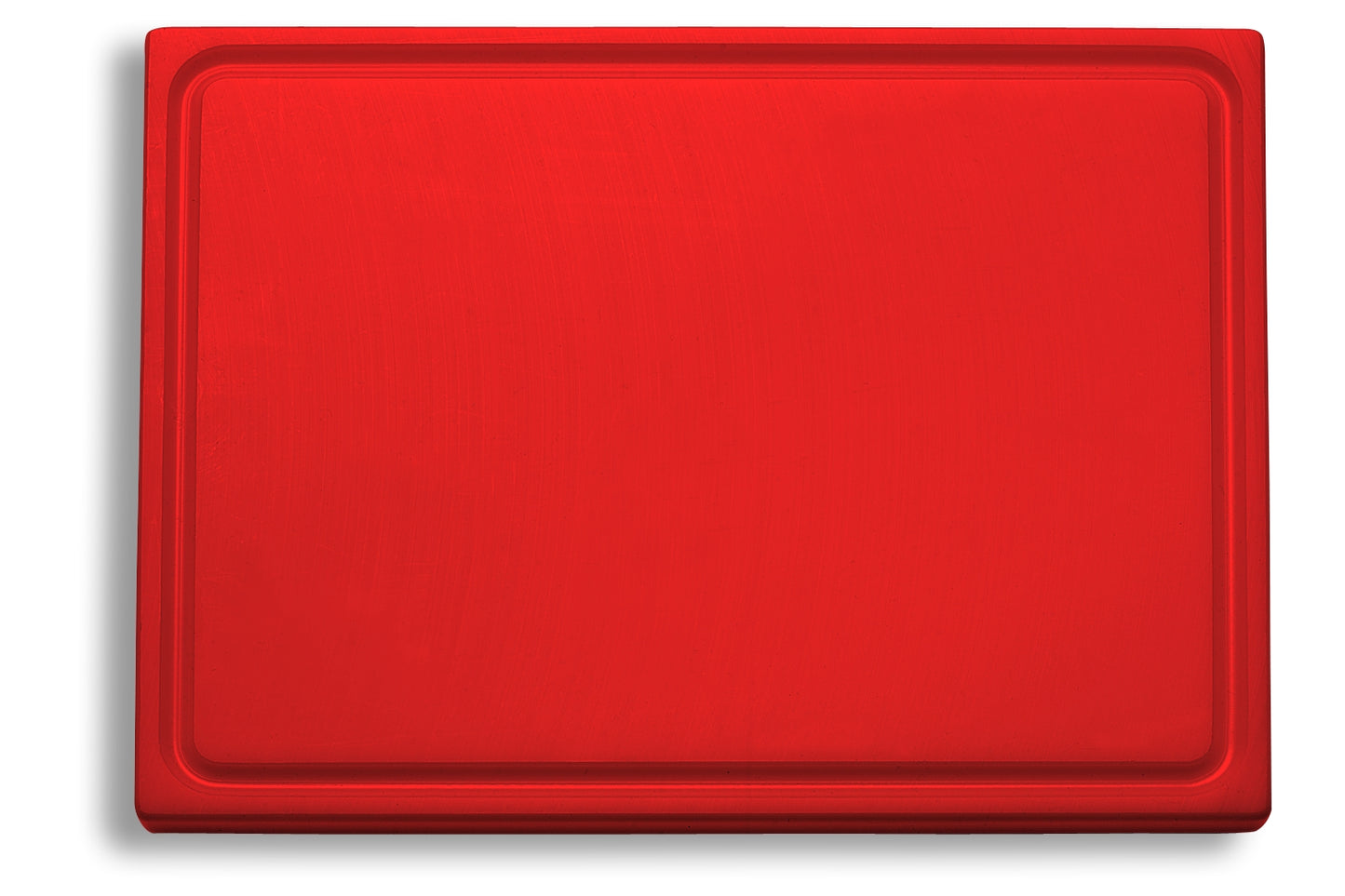 Rotes Schneidebrett aus Kunststoff.