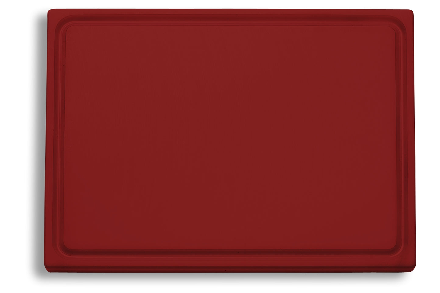 Rotes Schneidebrett aus Kunststoff.
