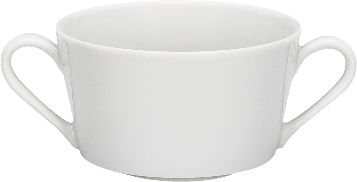 Weiße Tasse mit zwei Henkeln.