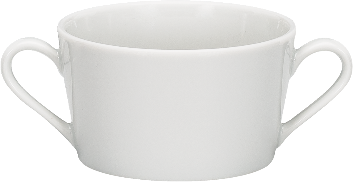 Weiße Tasse mit zwei Henkeln.