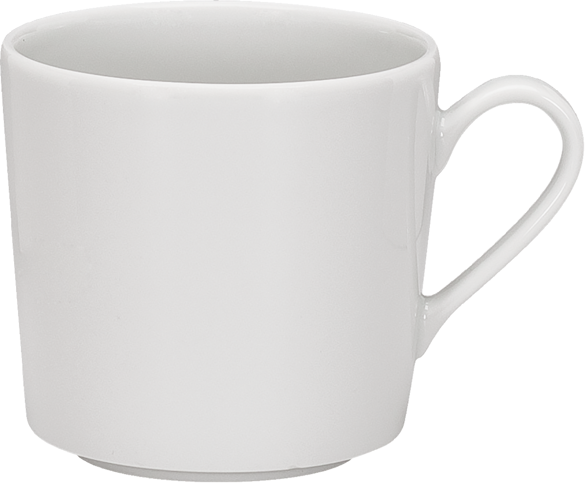 Weiße Tasse mit Henkel.