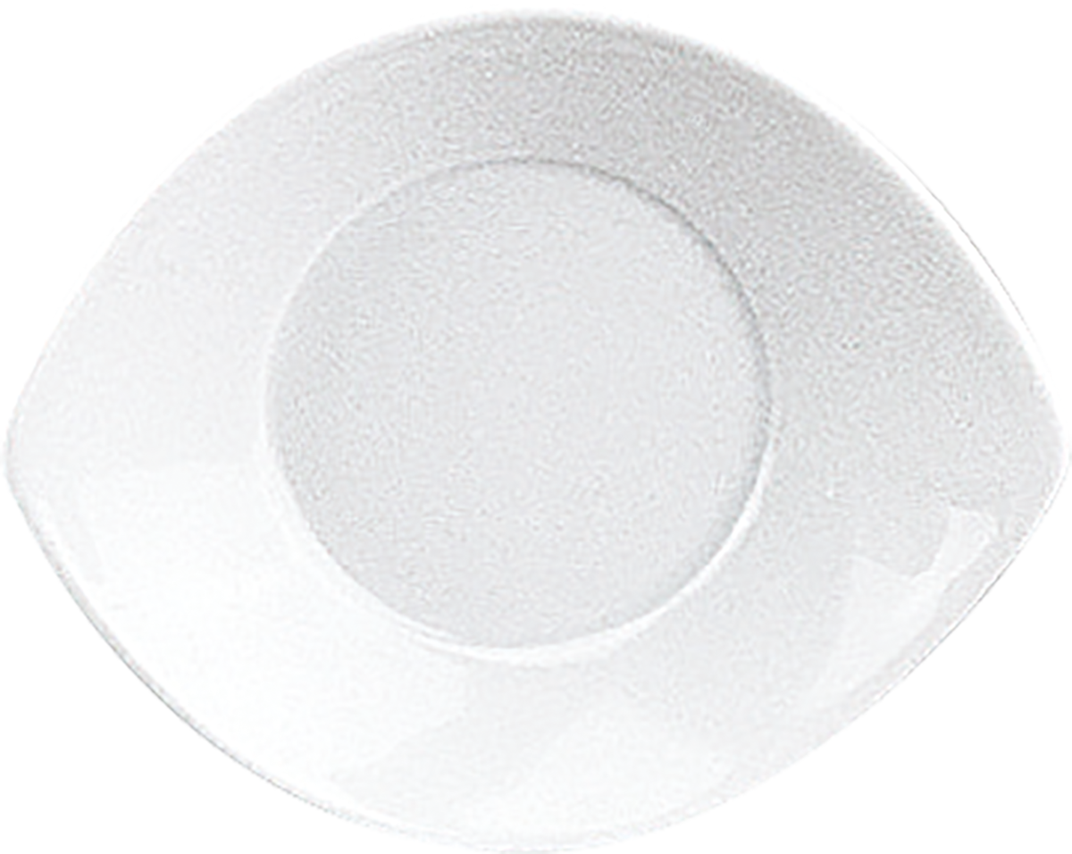 Weißer, asymmetrischer Porzellanteller.