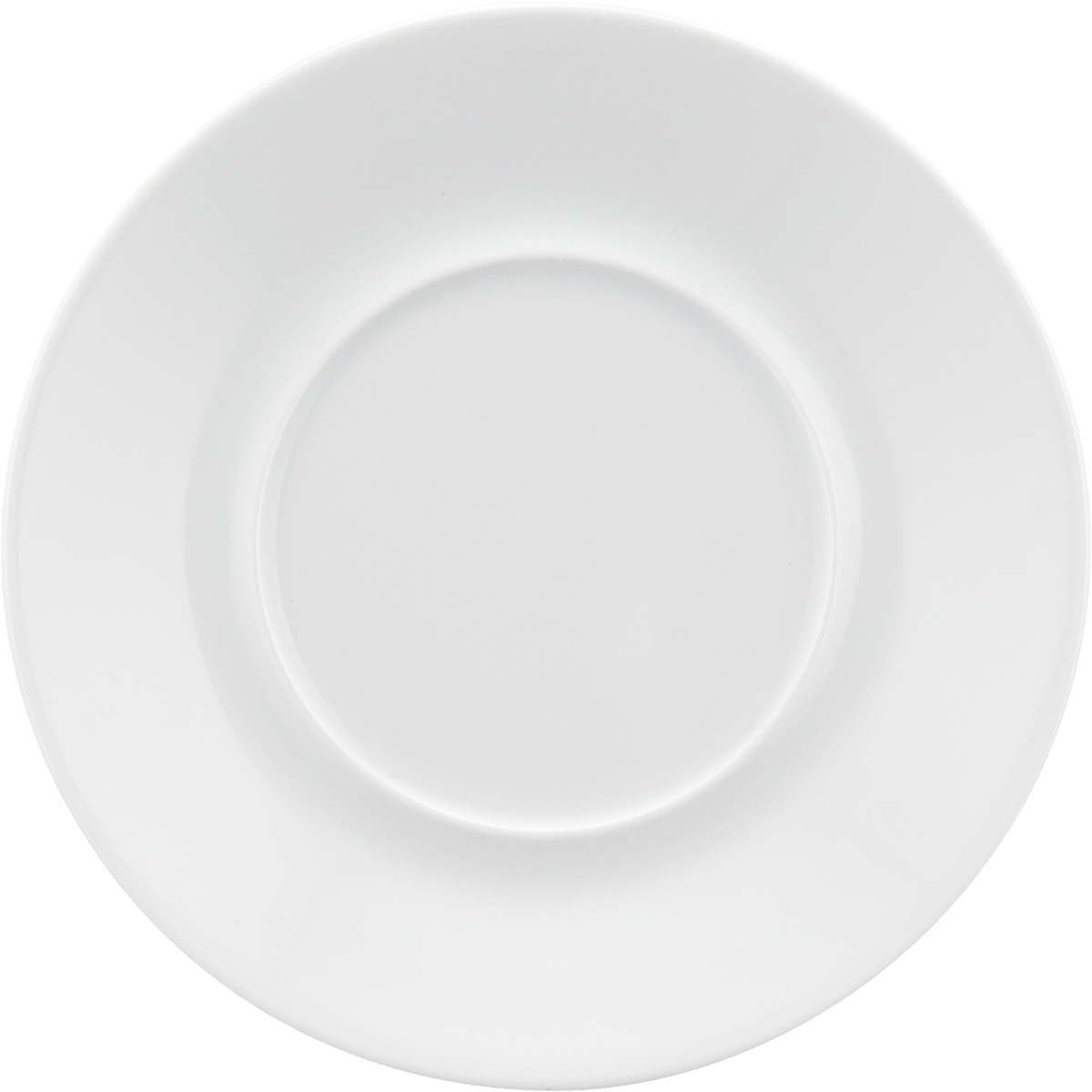 Weißer Porzellanteller, schlichtes Design.