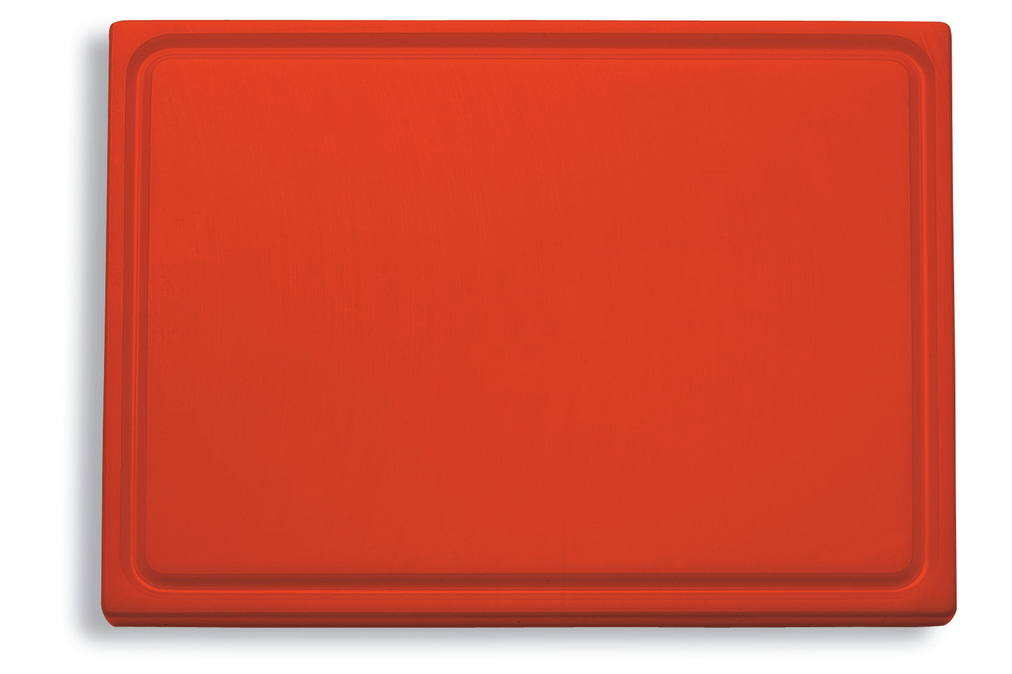 Rotes Schneidebrett aus Kunststoff.
