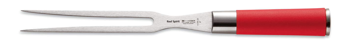 Rote Fleischgabel mit Metallzinken.