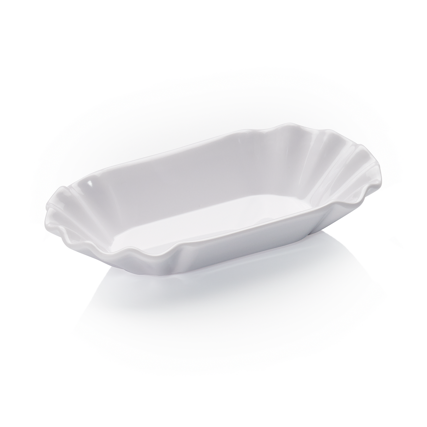 Weiße, ovale Servierschale aus Porzellan.