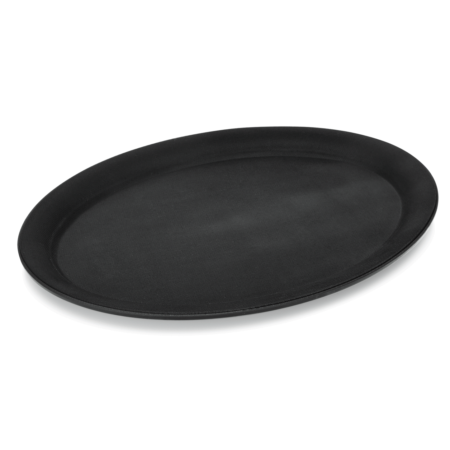 Schwarzes Serviertablett auf weißem Hintergrund.
