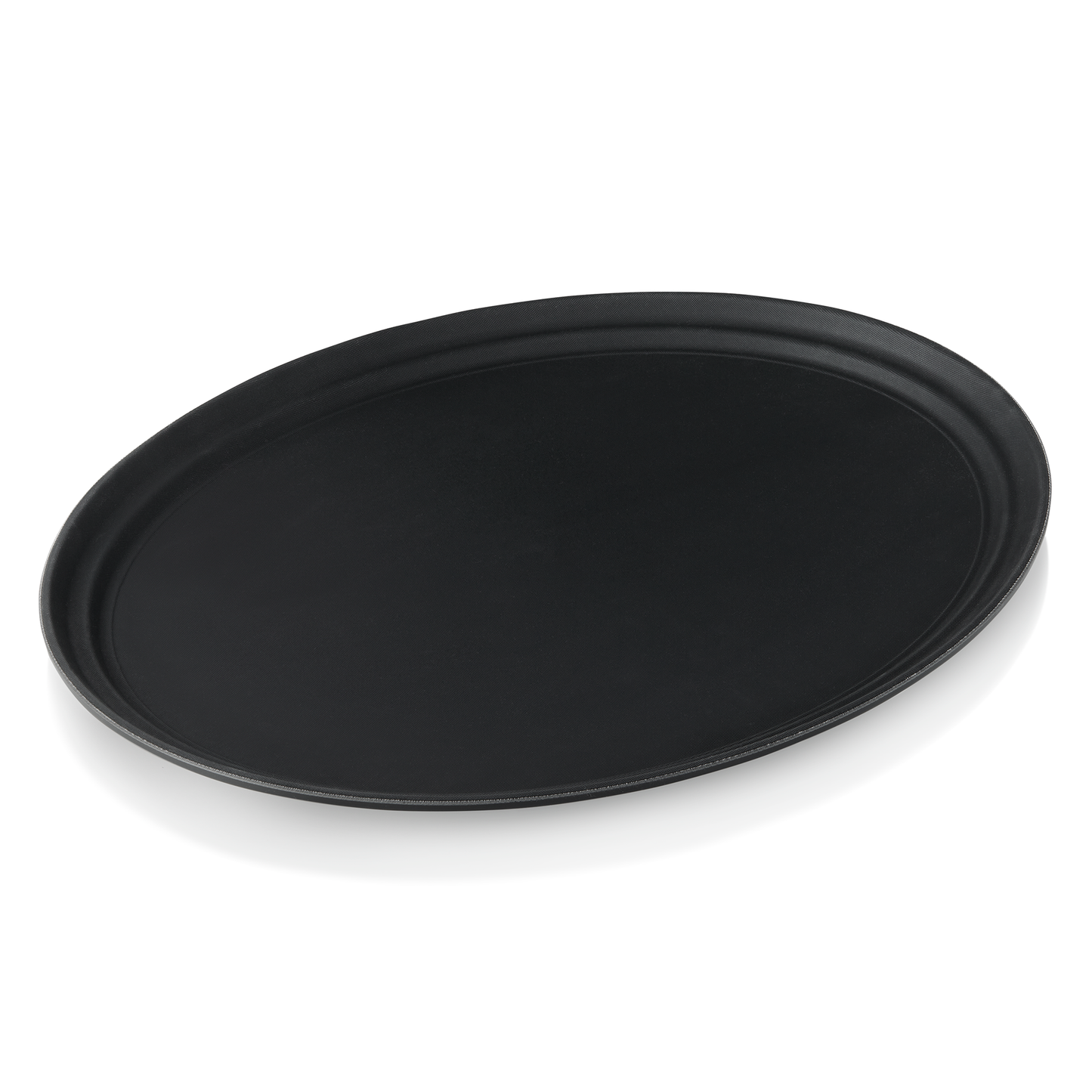 Schwarzes Serviertablett auf weißem Hintergrund.