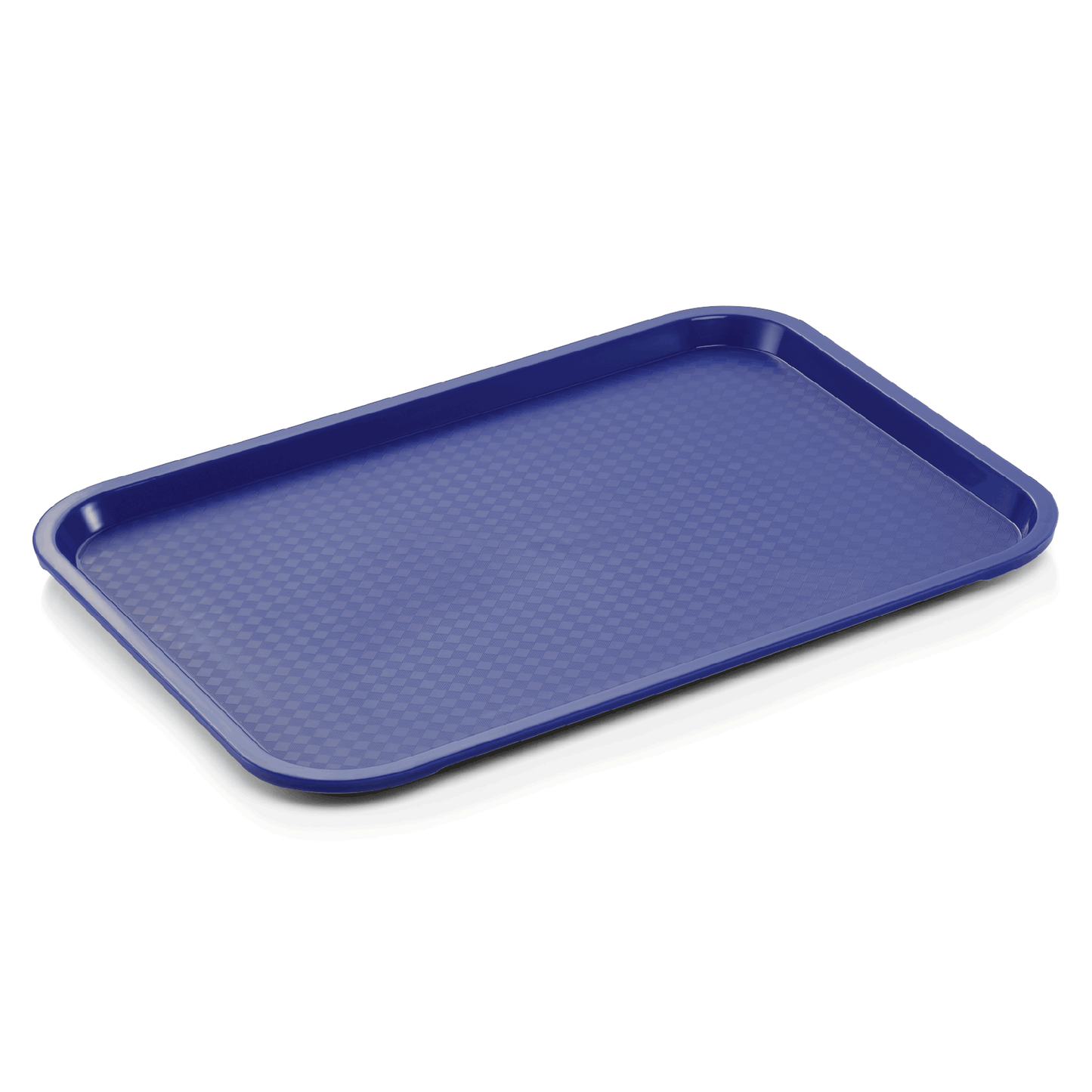 Blaues Tablett auf weißem Hintergrund.