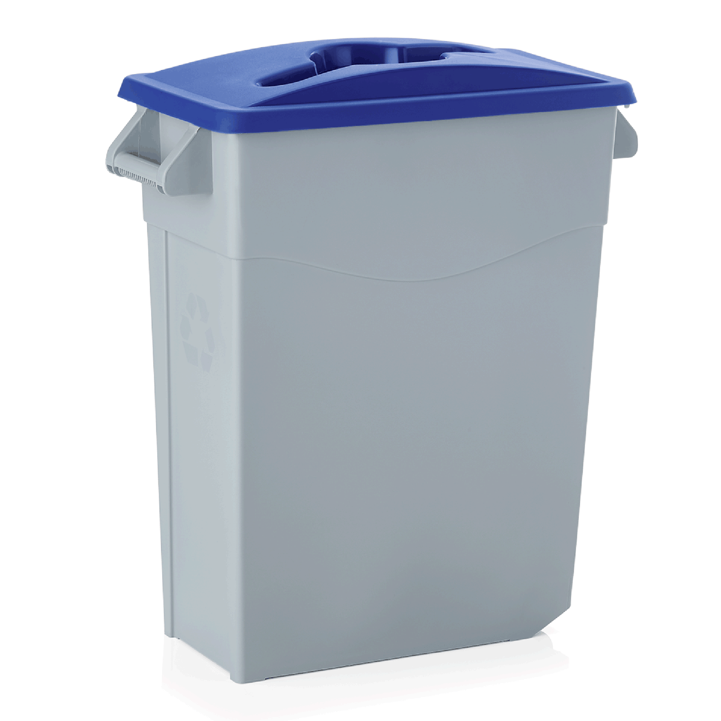 Grauer Mülleimer mit blauem Deckel.