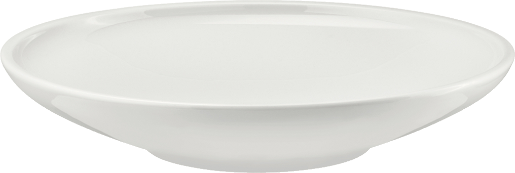 Weißer, runder Porzellanteller, obenansicht.