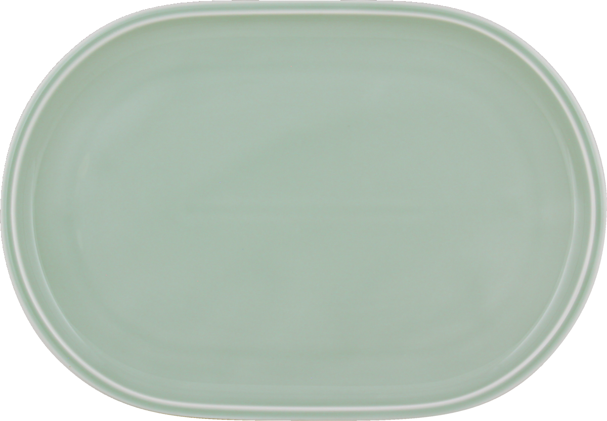 Grüner ovaler Teller, schlichtes Design.