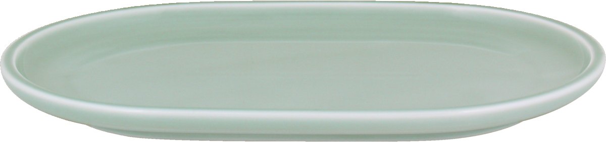 Grüner ovaler Teller, schlichtes Design.