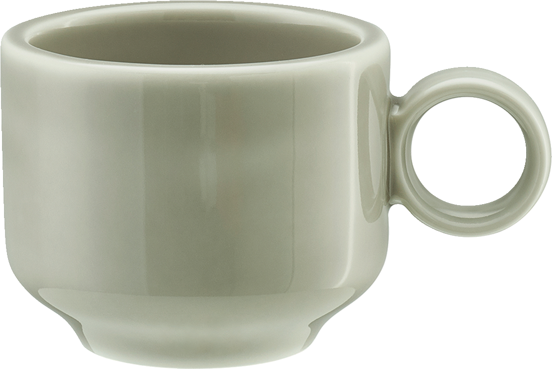 Beige Tasse mit Henkel.