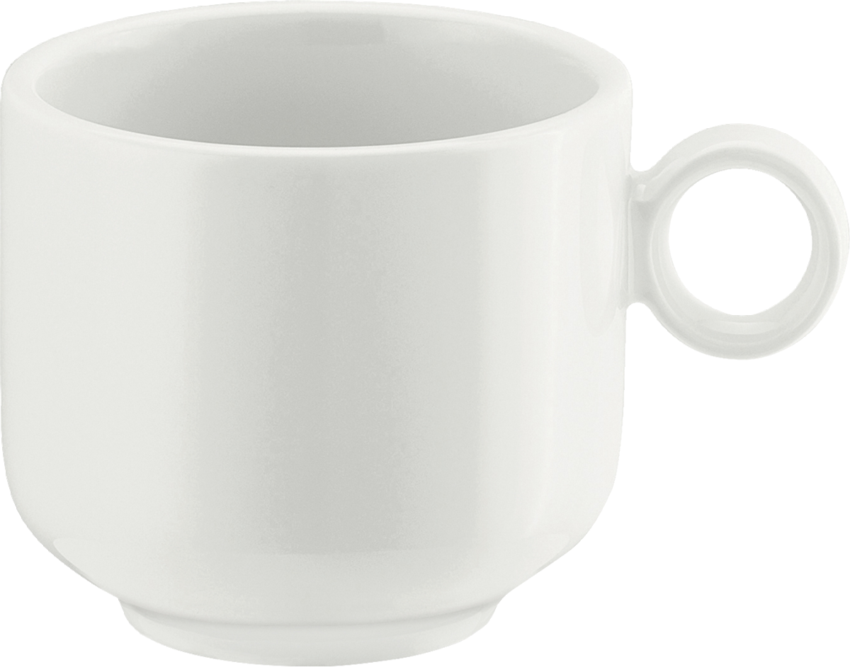 Weiße Tasse mit Henkel.