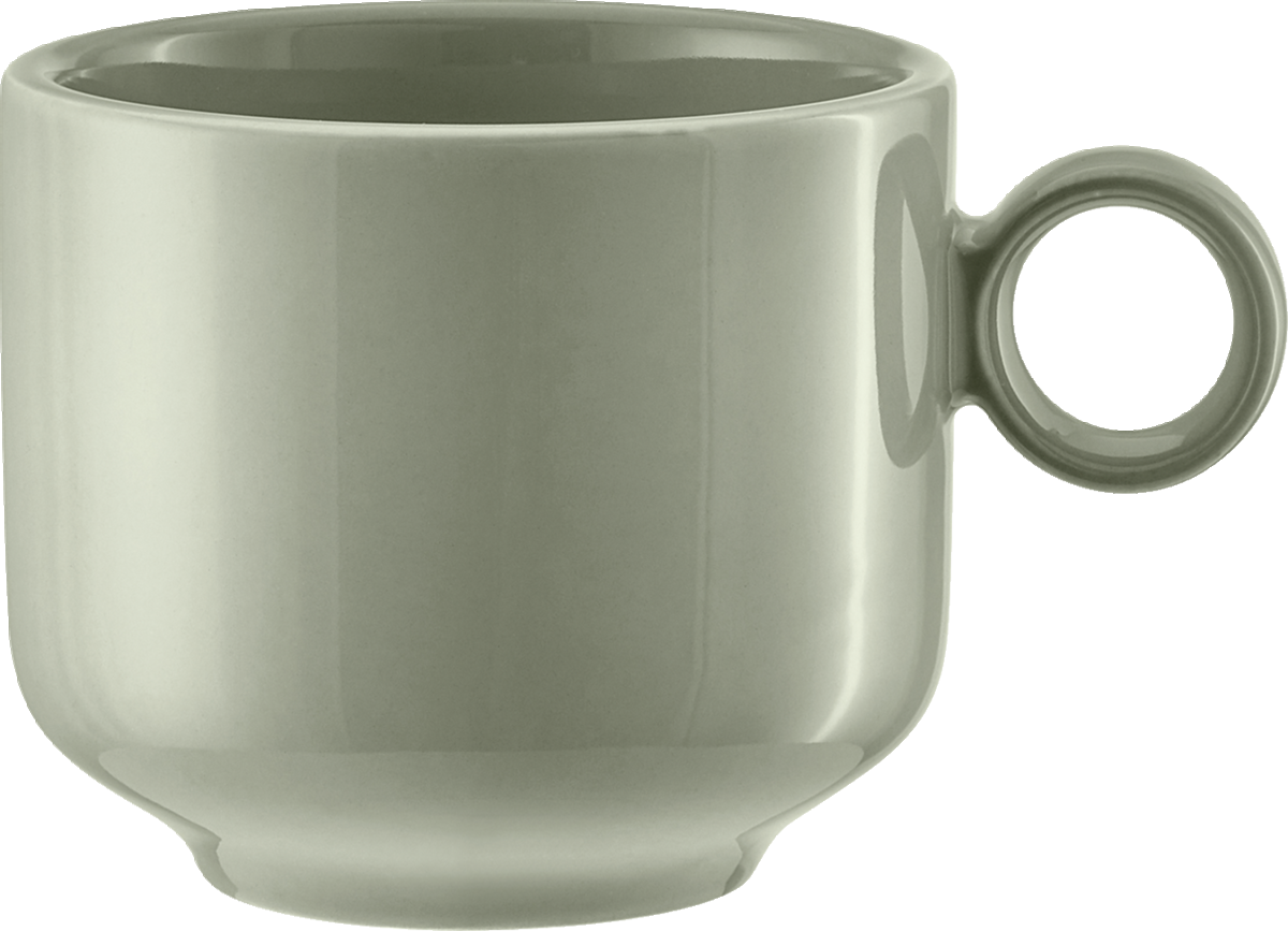 Graue Tasse mit Henkel.