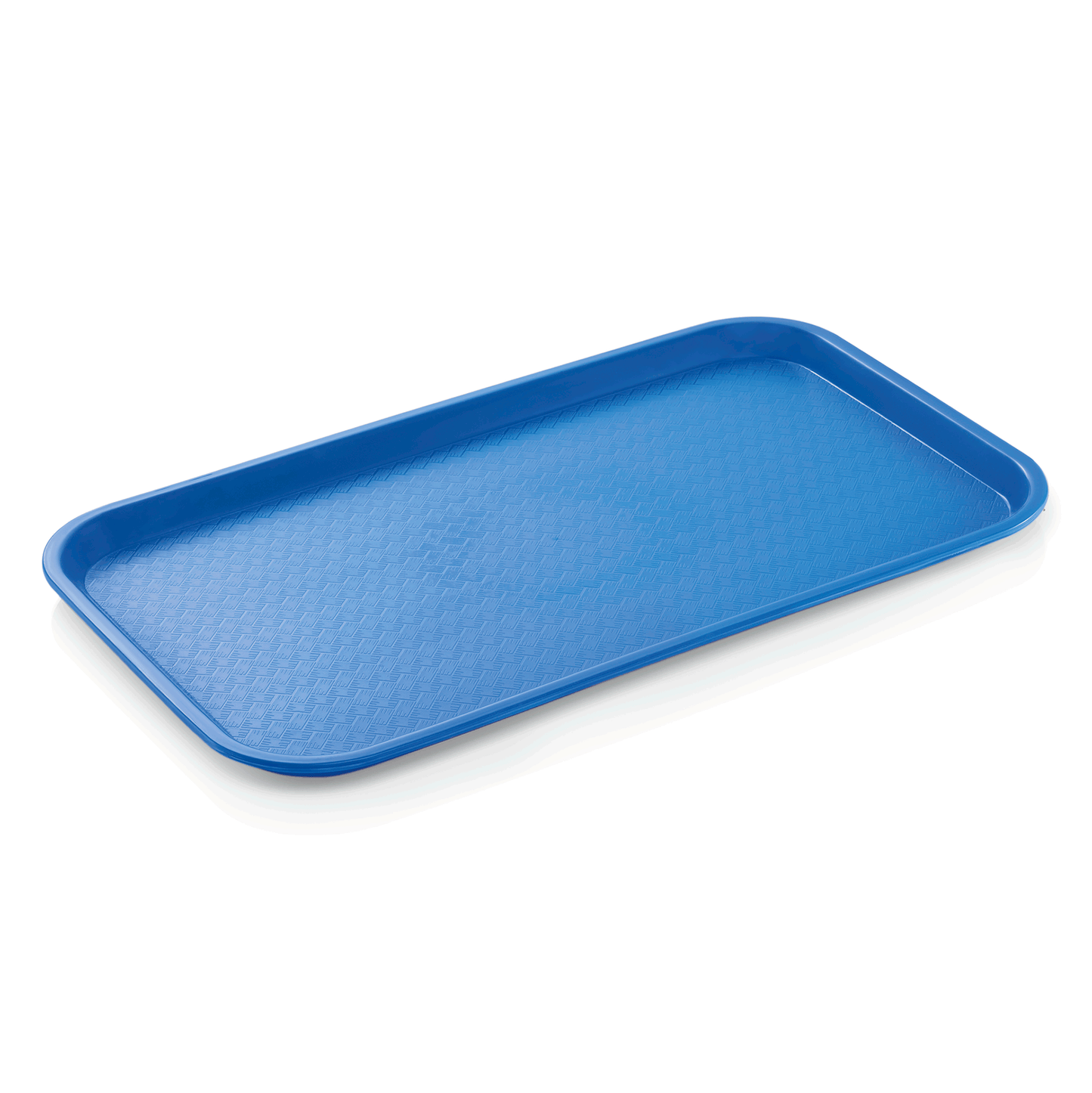 Blaues Tablett auf weißem Hintergrund.