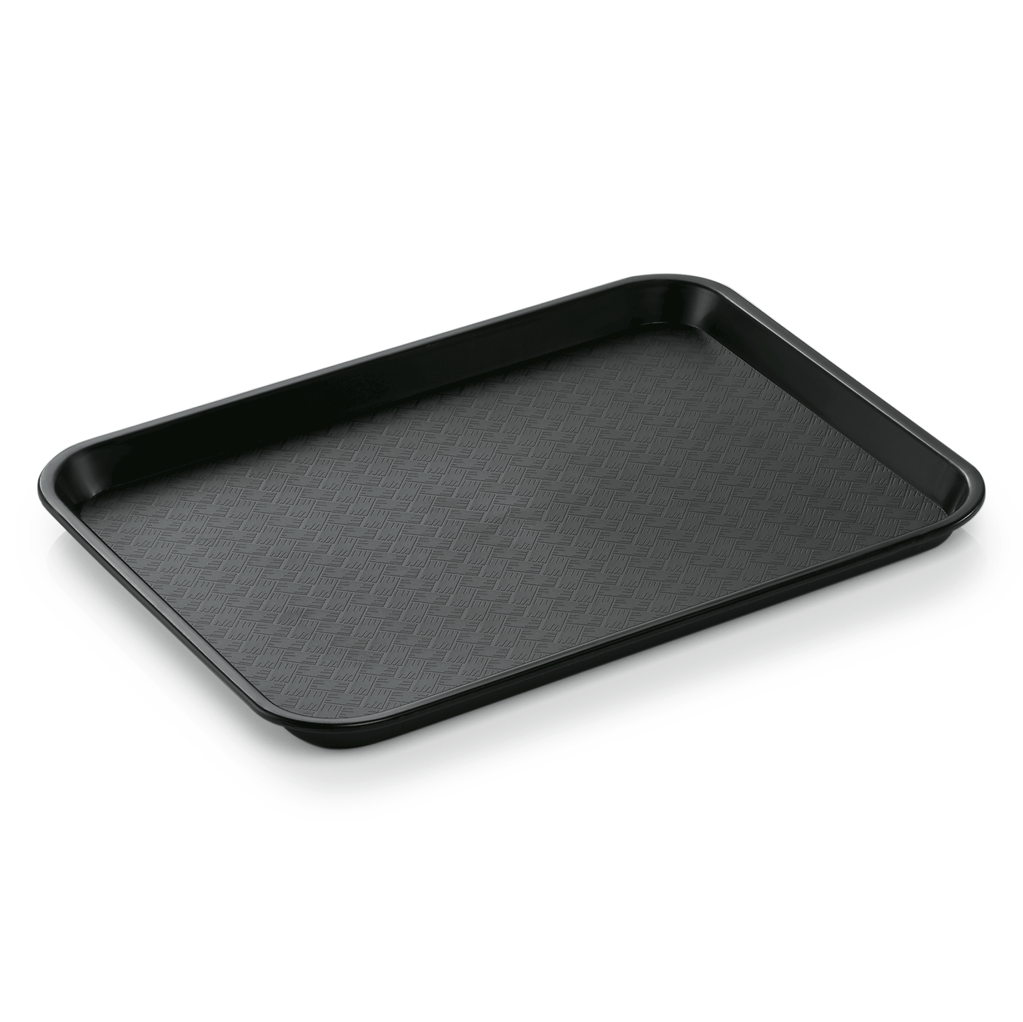 Schwarzes Tablett auf weißem Hintergrund.