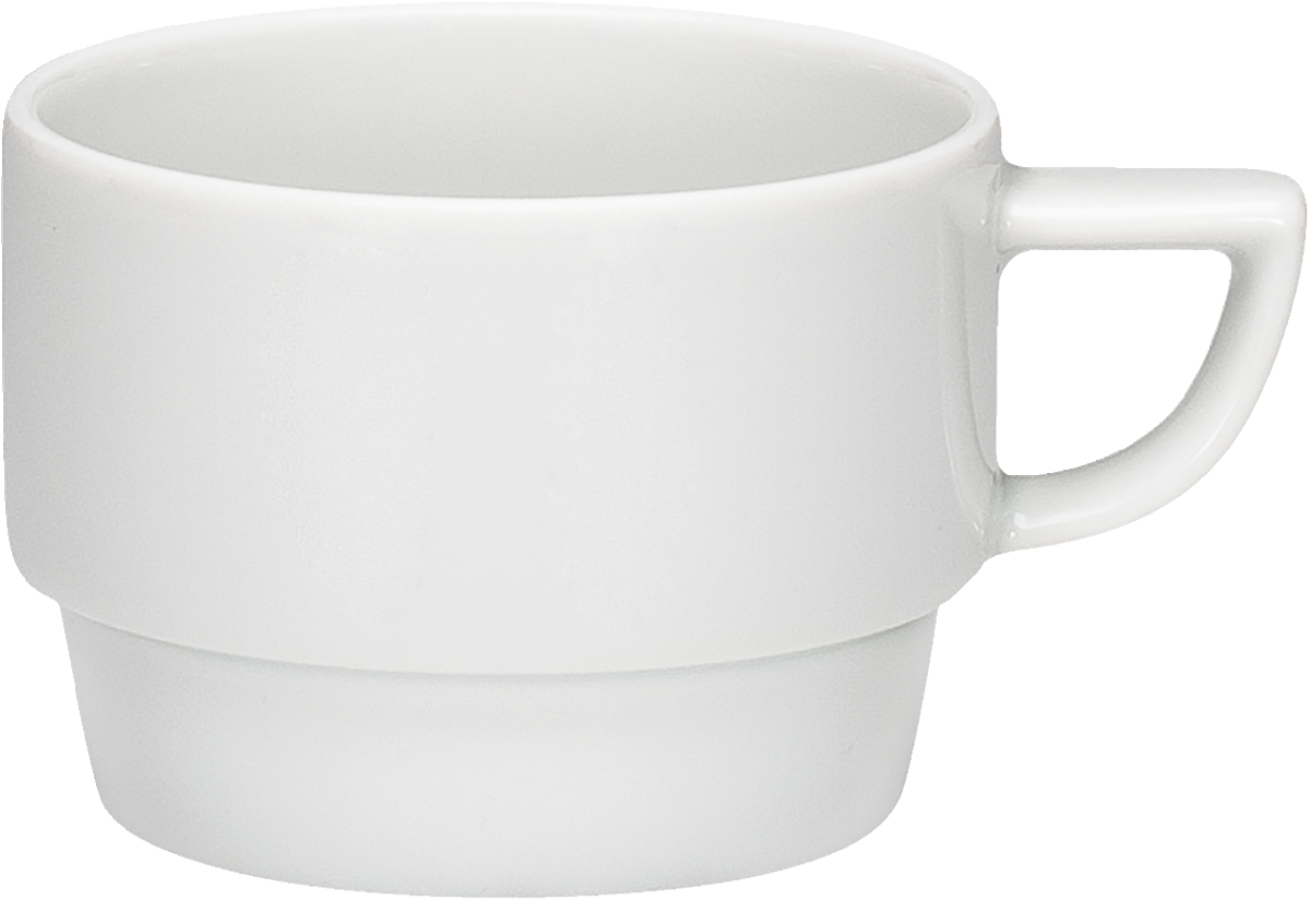Weiße Tasse mit Henkel.