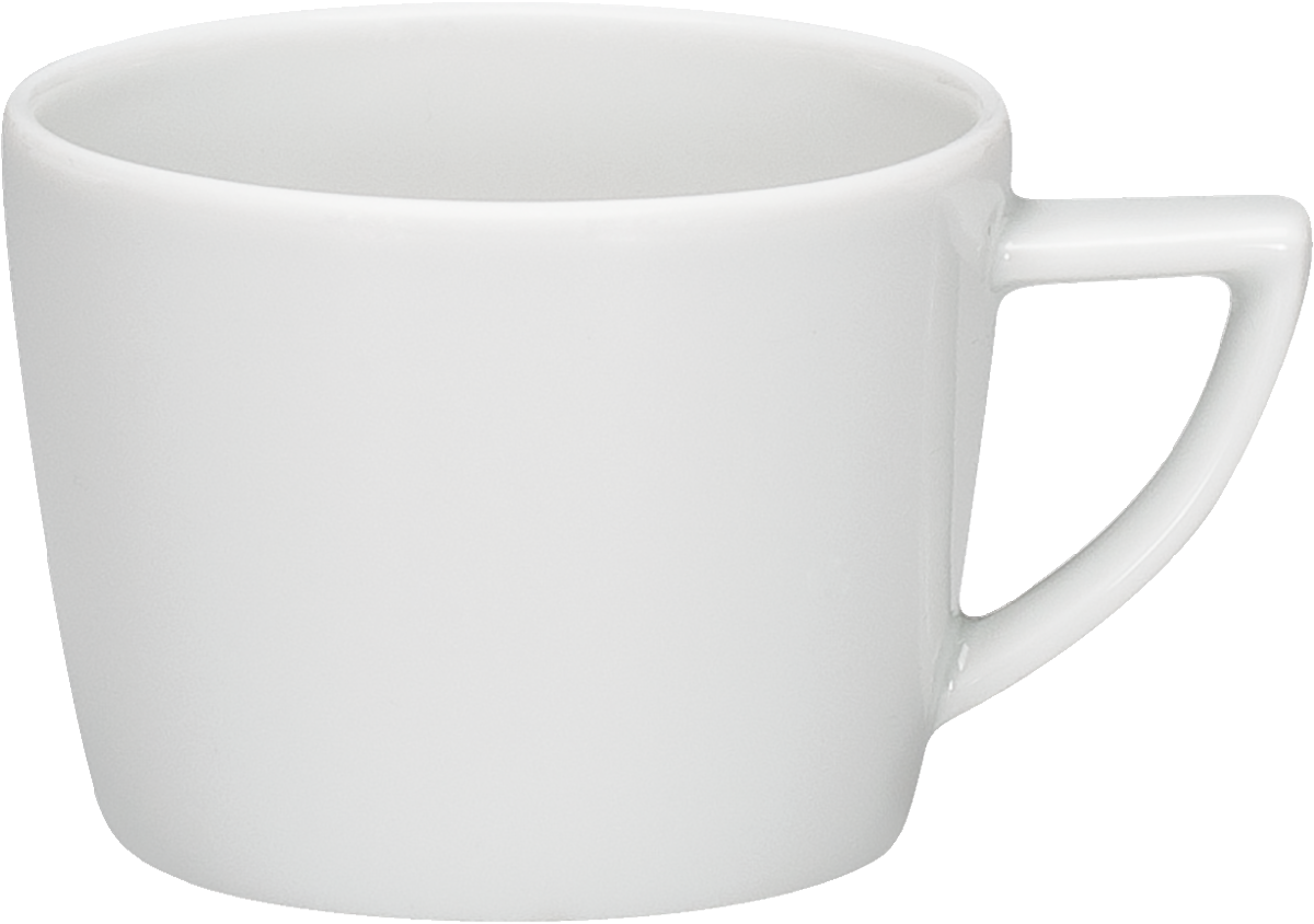 Weiße Tasse mit Henkel.