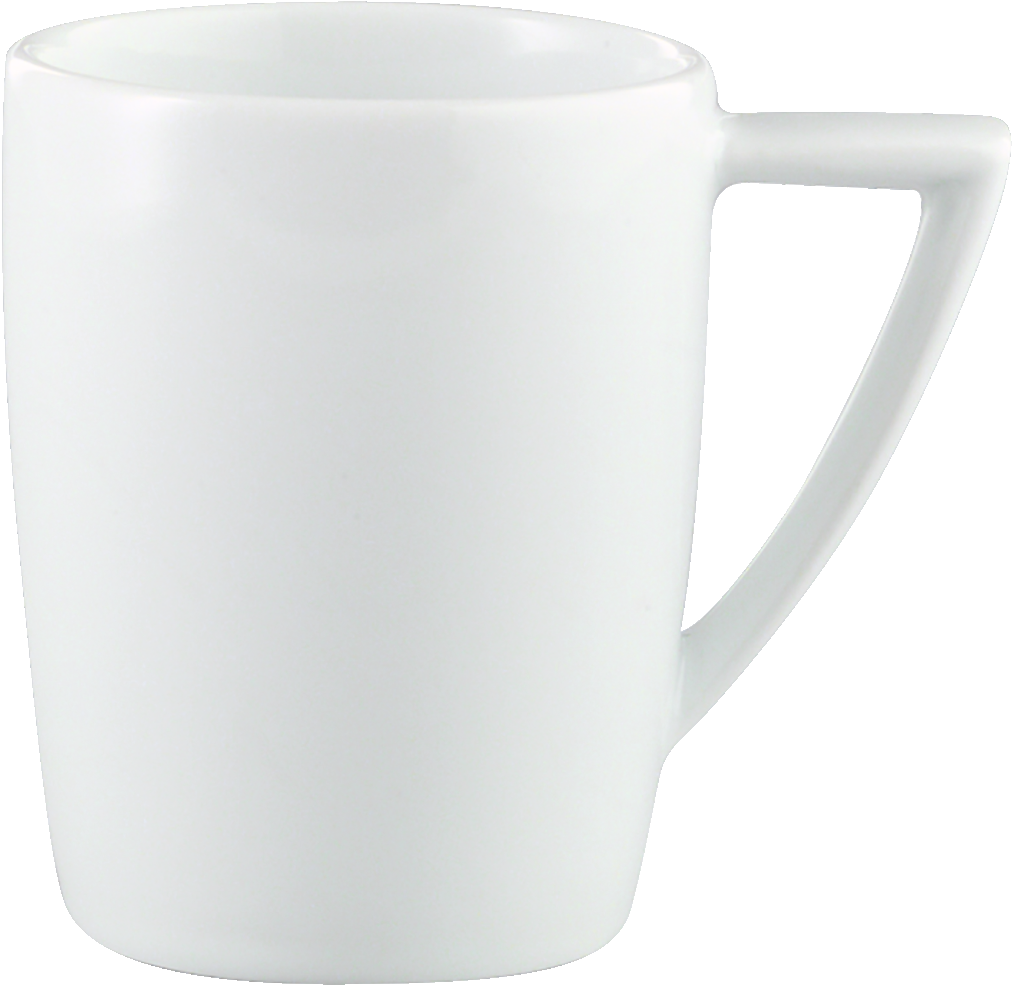 Weiße Tasse mit Henkel.
