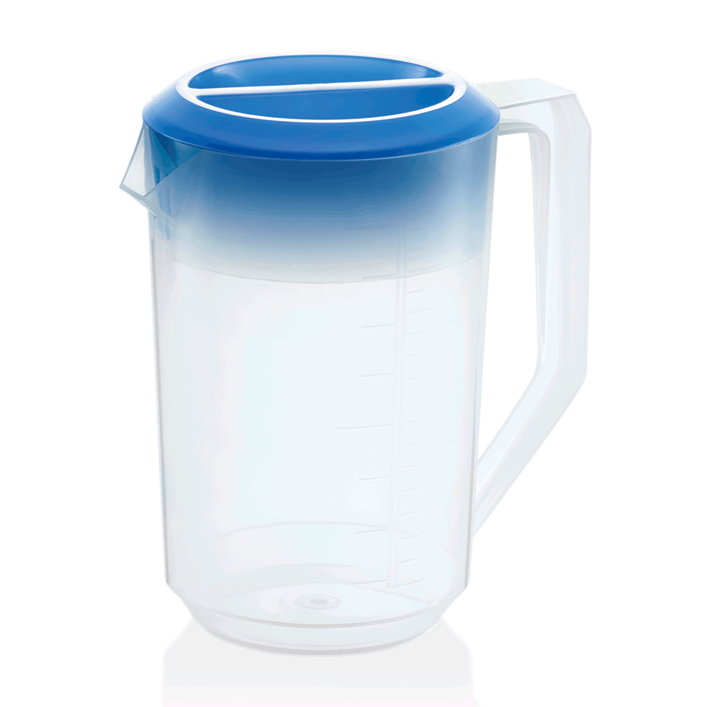 Transparenter Krug mit blauem Deckel.