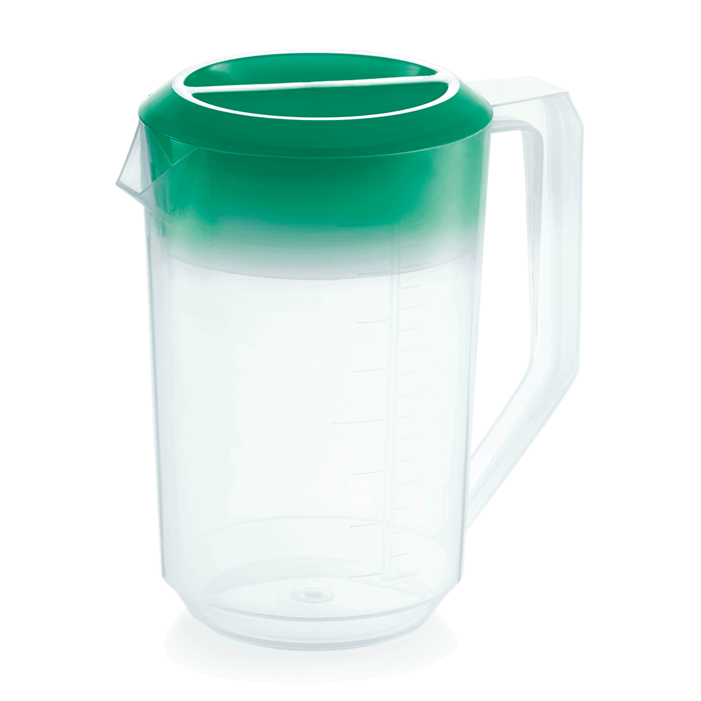 Transparenter Krug mit grünem Deckel.