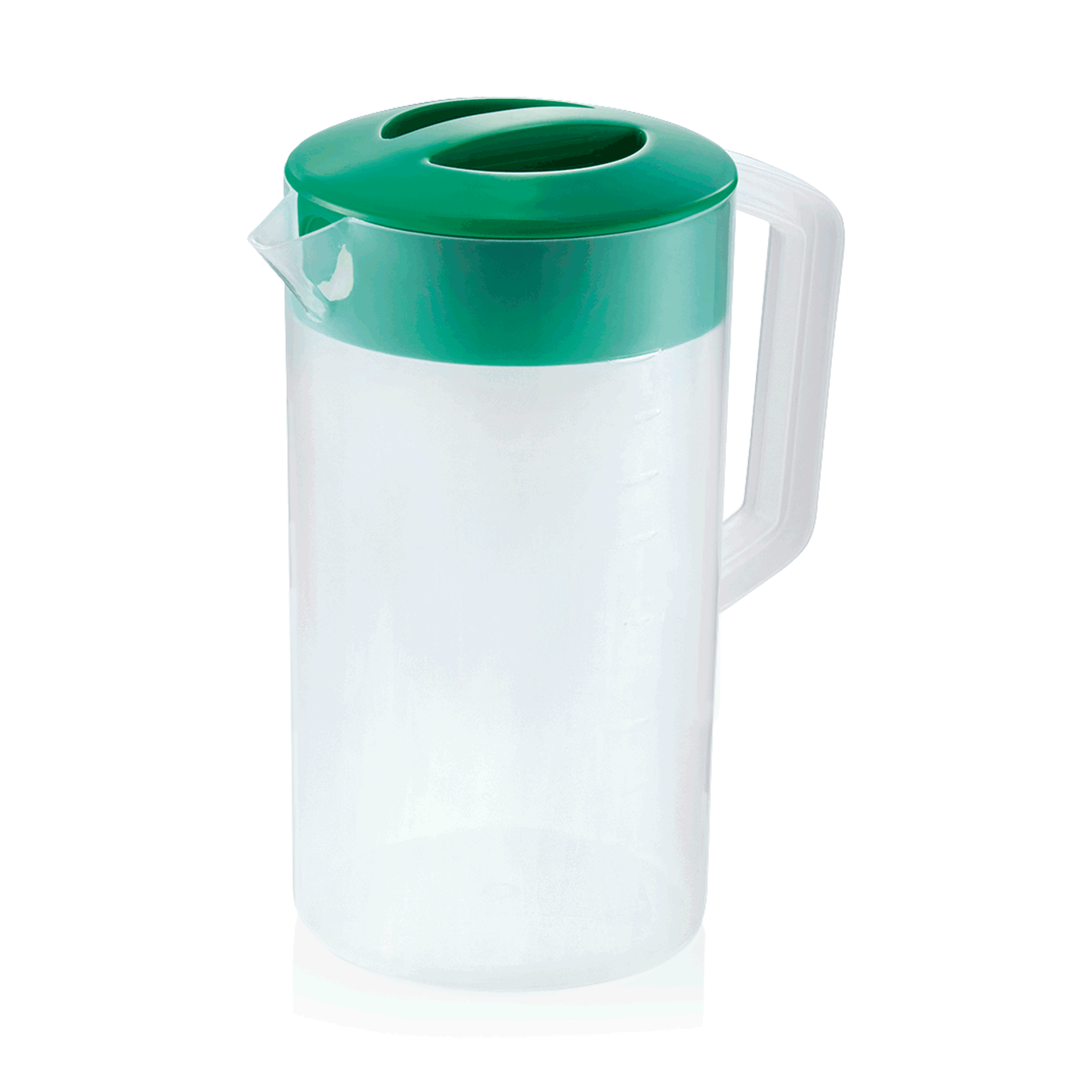 Transparenter Krug mit grünem Deckel.